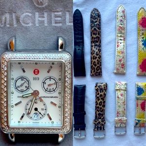 MICHELE Deco 108 Diamond Watch PACKAGE with 4 interchange straps!